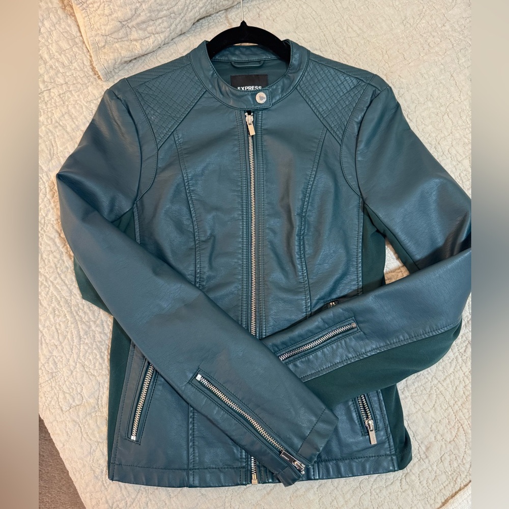 Express Faux Leather Moto Jacket Womens Green Zip Pockets Small